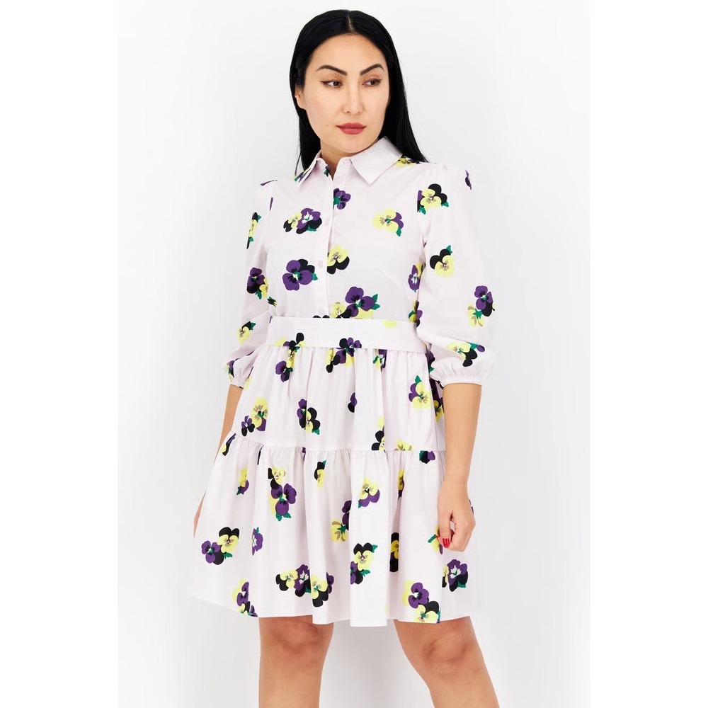 Kate Spade Pansy Floral Tiered Shirt Dress Pink Purple Yellow Size L